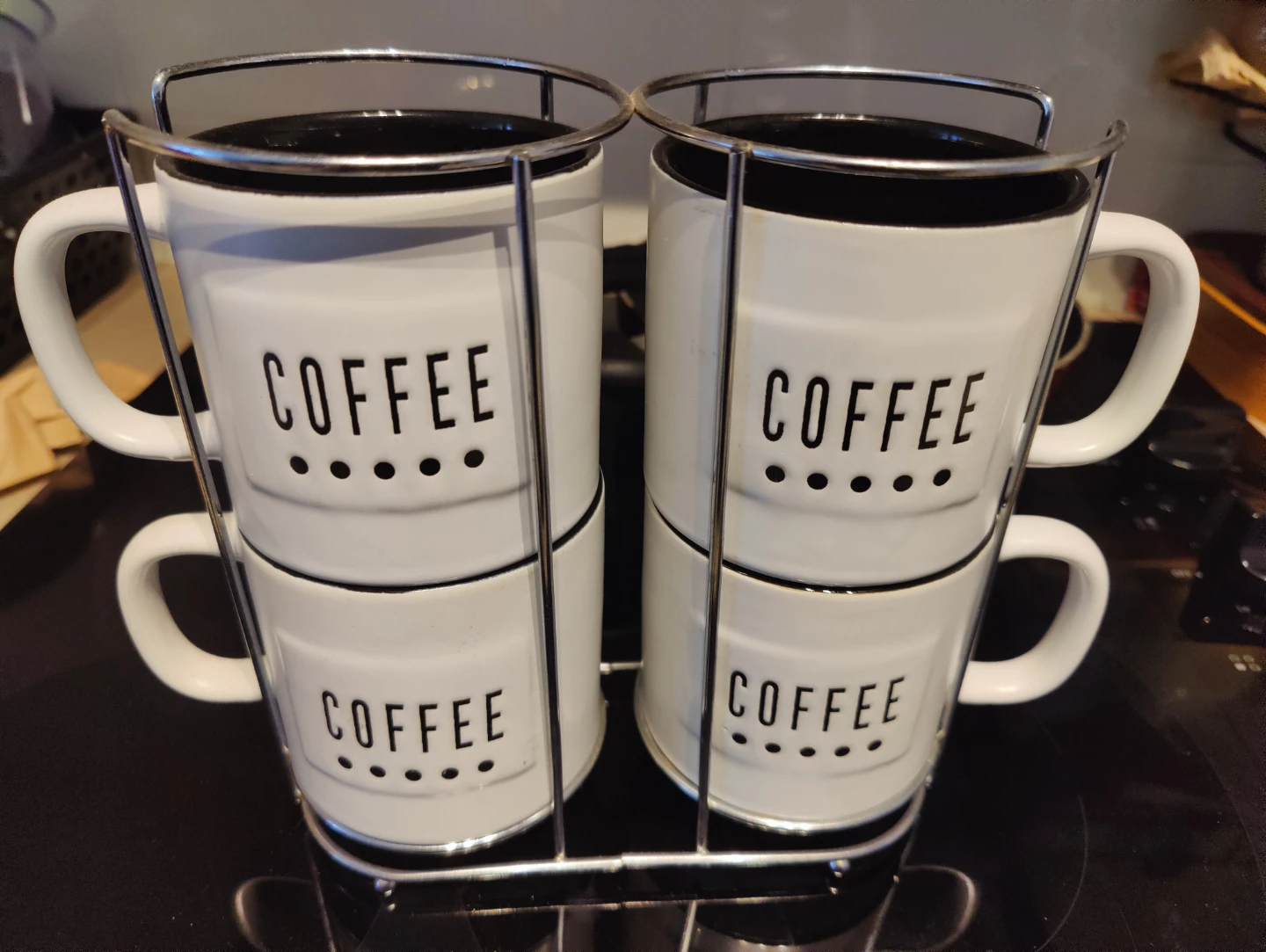 Set of 4 White "Coffee" Mugs with Rack