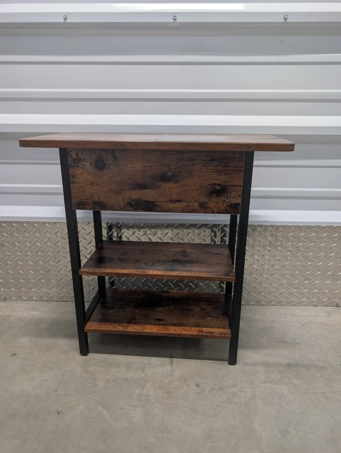 Rustic Wood Side Table with 3 Shelves and Drawer