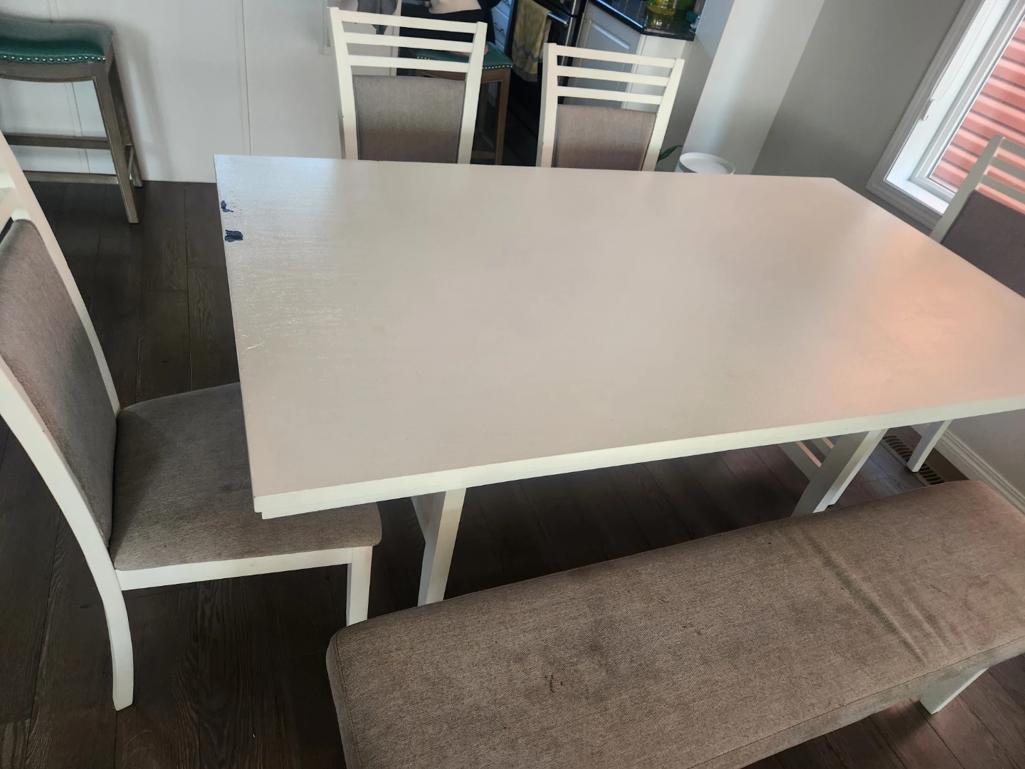 White Dining Table with Grey Upholstered Chairs and Bench - photo 2