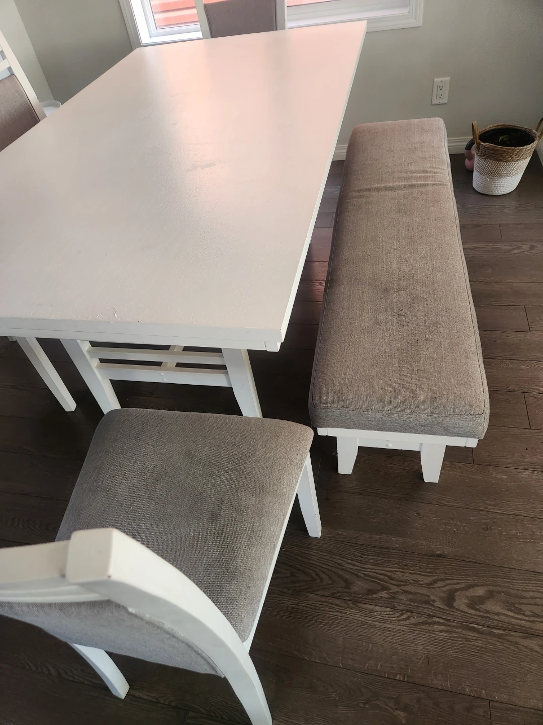 White Dining Table with Grey Upholstered Chairs and Bench - photo 3