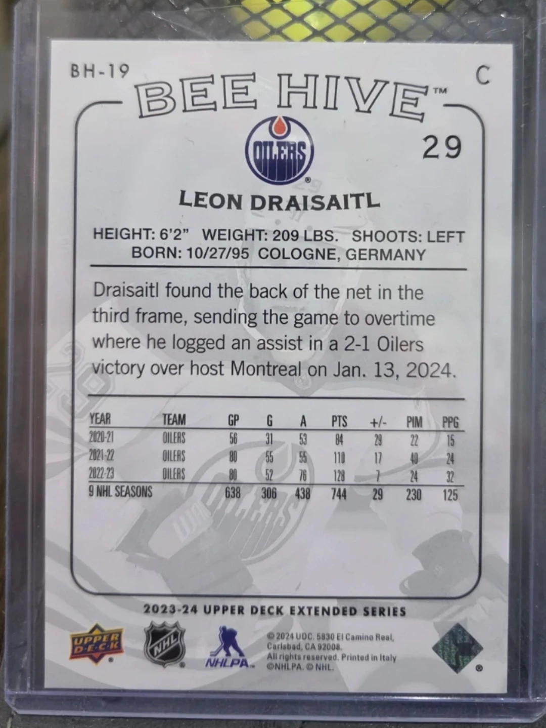 2023-24 Upper Deck Bee-Hive Leon Draisaitl hockey card. BH-19 - photo 2