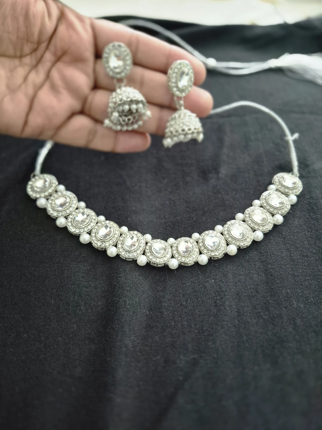 Silver Tone Choker Necklace and Jhumka Earrings Set - photo 2