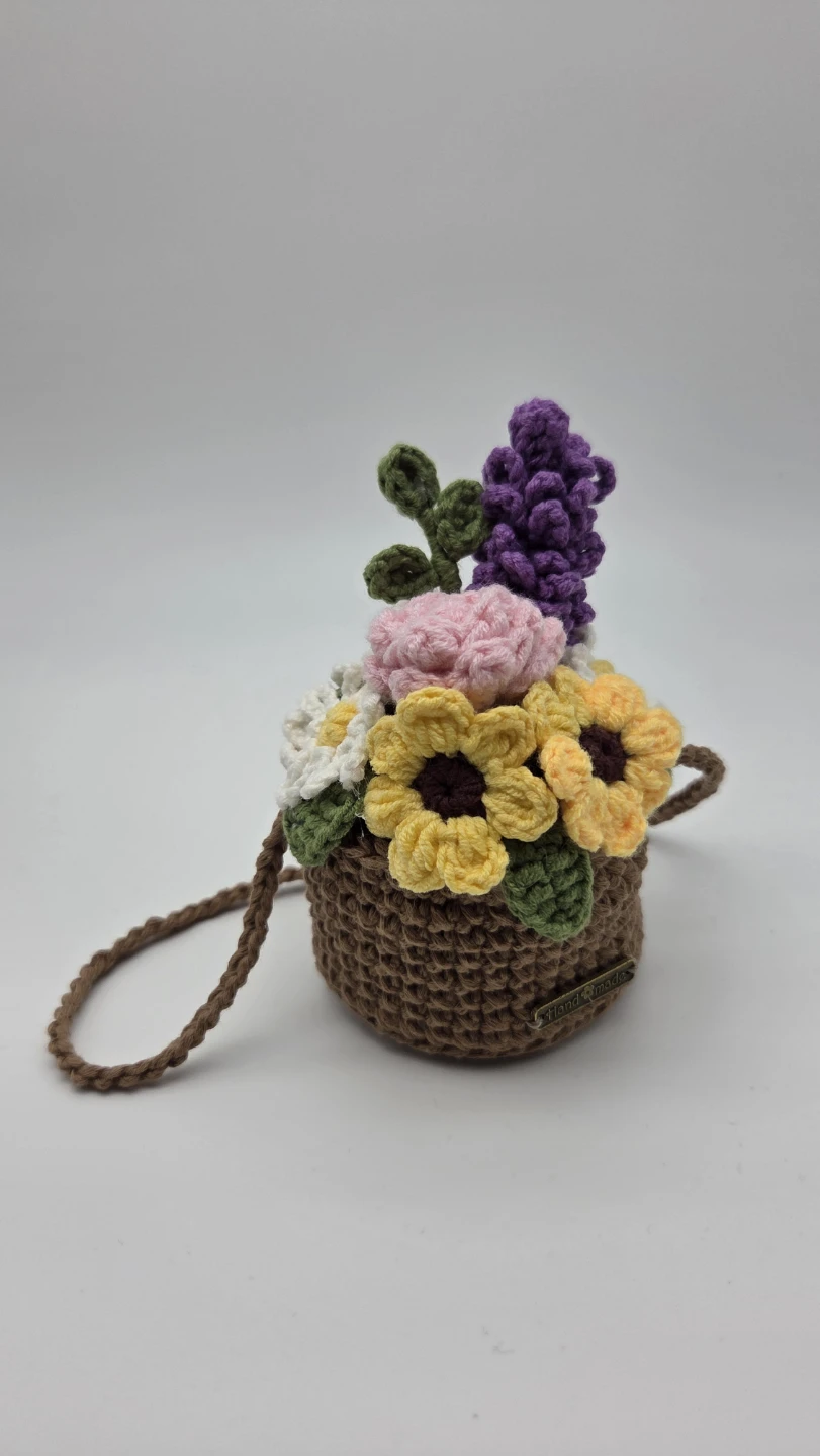 Crocheted Flower Basket Car Charm
