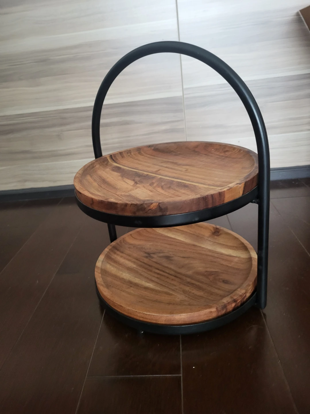 Two-Tier Acacia Wood and Metal Serving Stand