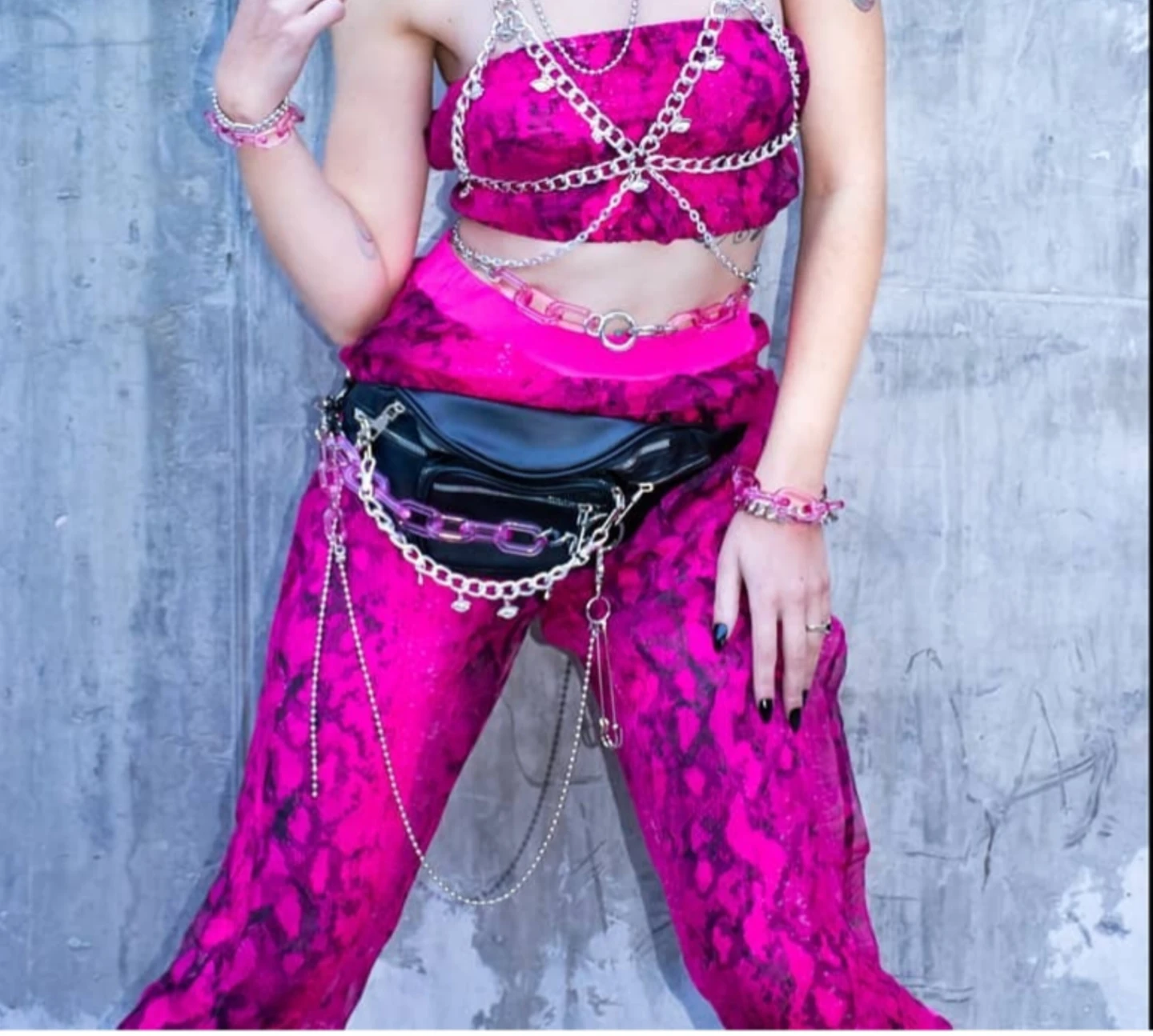 Hot Pink Snake Print Mesh Pants and Bandau Top