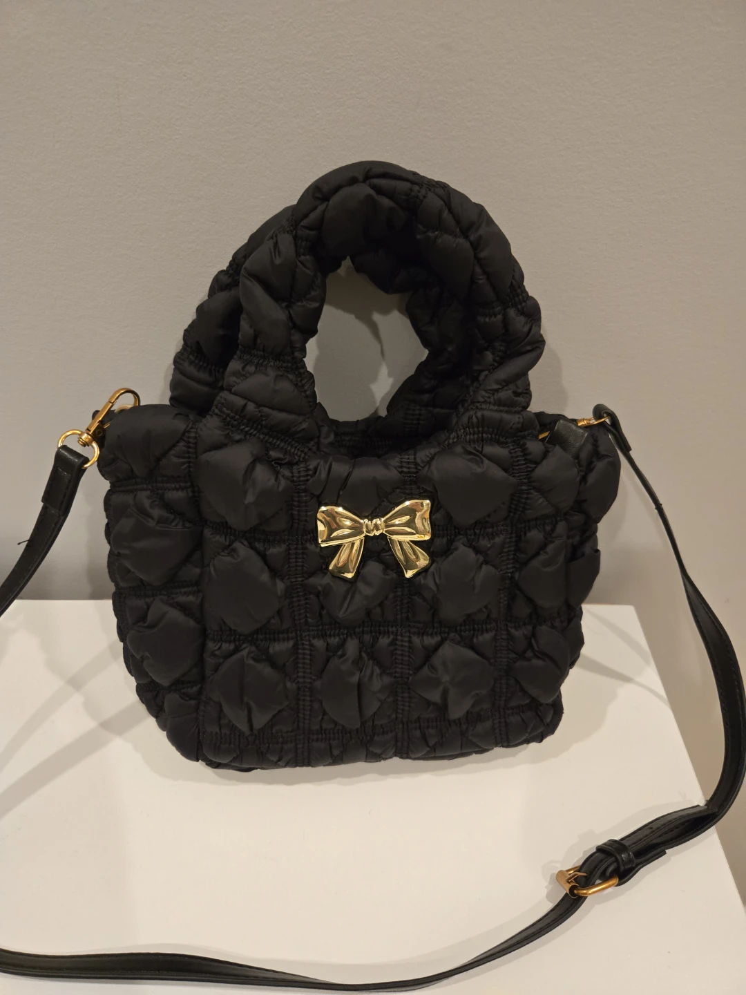 Black Quilted Puffer Tote Crossbody Bag with Gold Bow Accent - photo 3