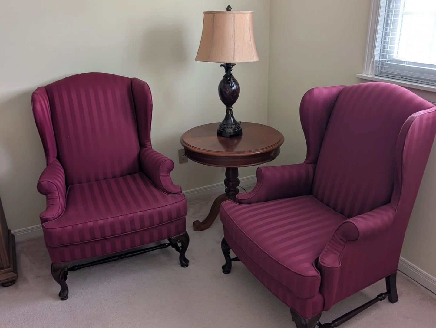 2 Wingback Accent Chairs - Burgundy Striped Upholstery