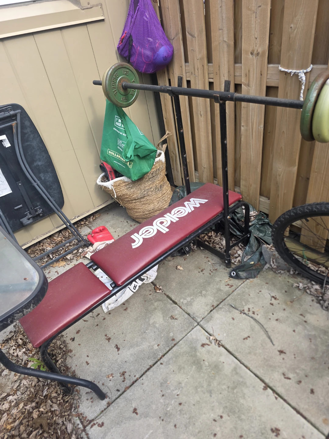 Weider Weight Bench with Barbell and Weights
