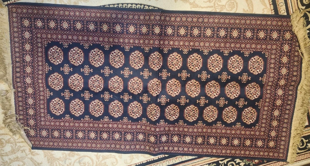 Dark Blue Oriental Rug with Cream and Burgundy Pattern