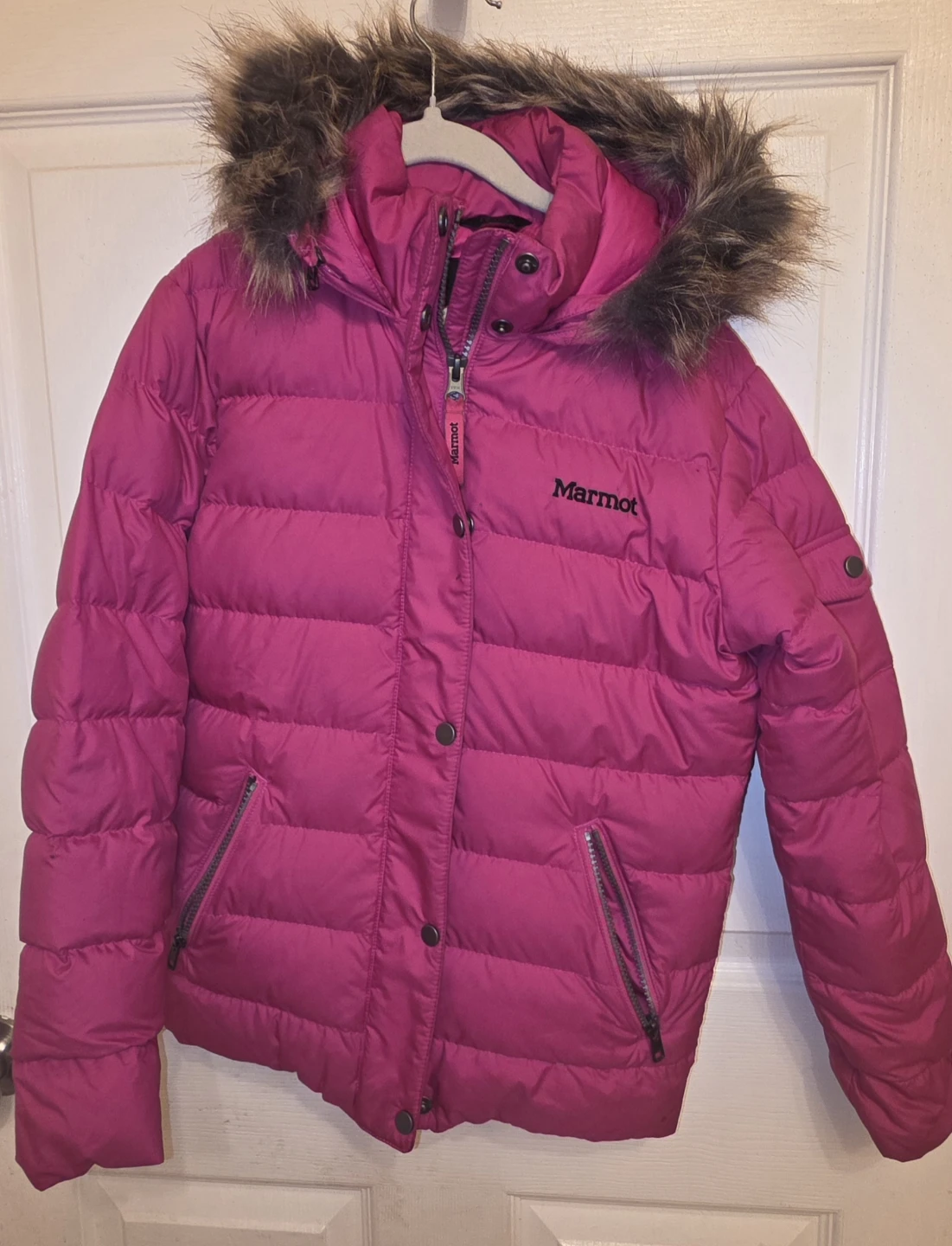 Marmot Pink Puffer Jacket with Faux Fur Hood