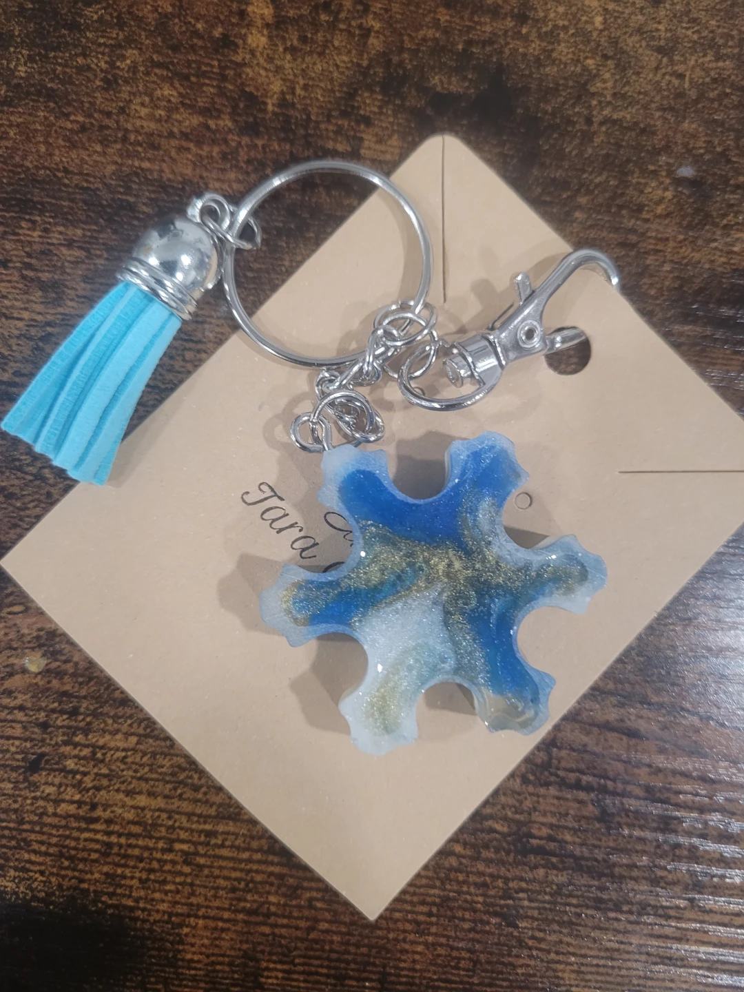 NEW Resin Keychain with Blue and Gold Swirls and Tassel - photo 2