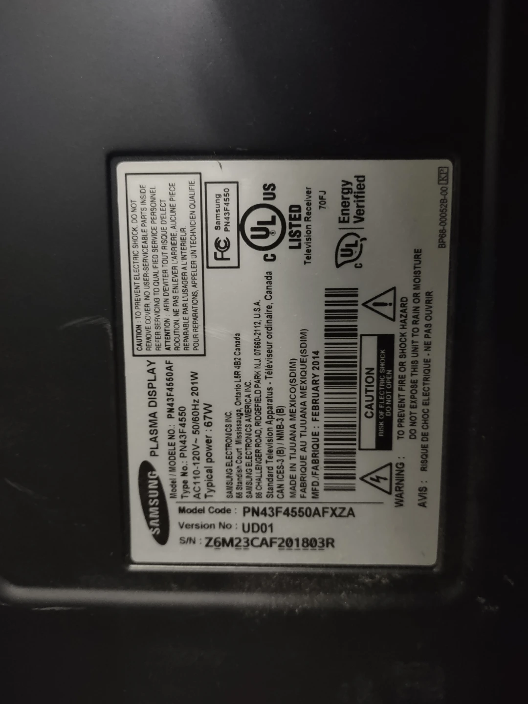 Samsung Plasma TV PN43F4550AFXZA - photo 3