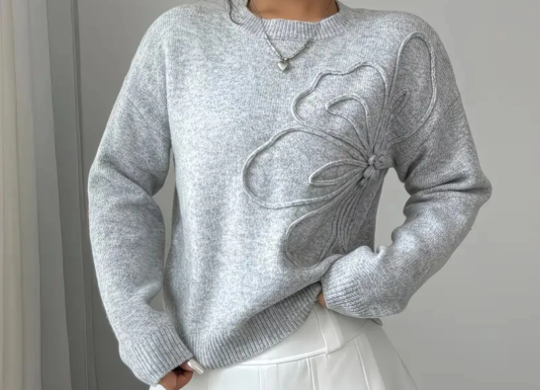 Grey Sweater with Floral Appliqué
