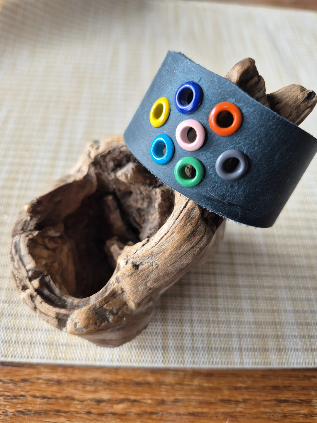 Handmade Leather Cuff Bracelet with Coloured Eyelets