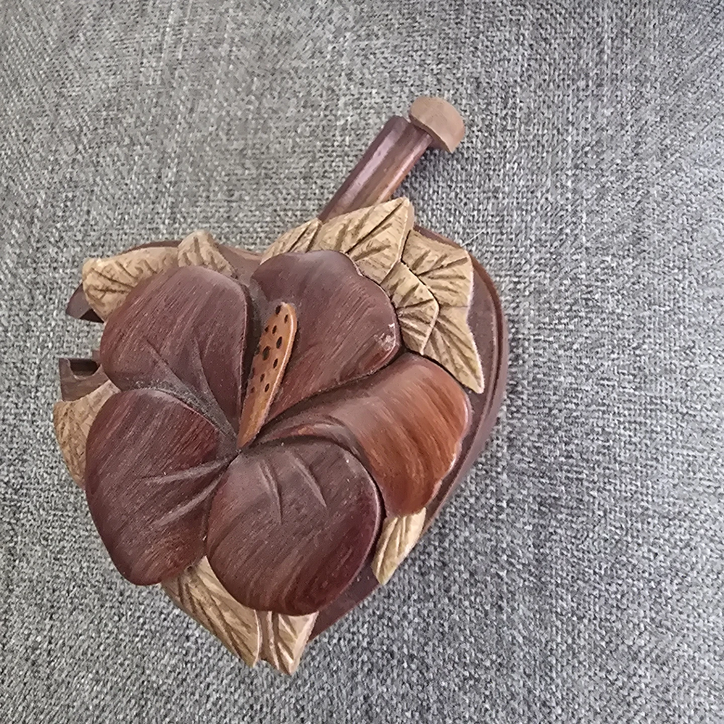 Hand Carved Wooden Hibiscus Flower Heart Box