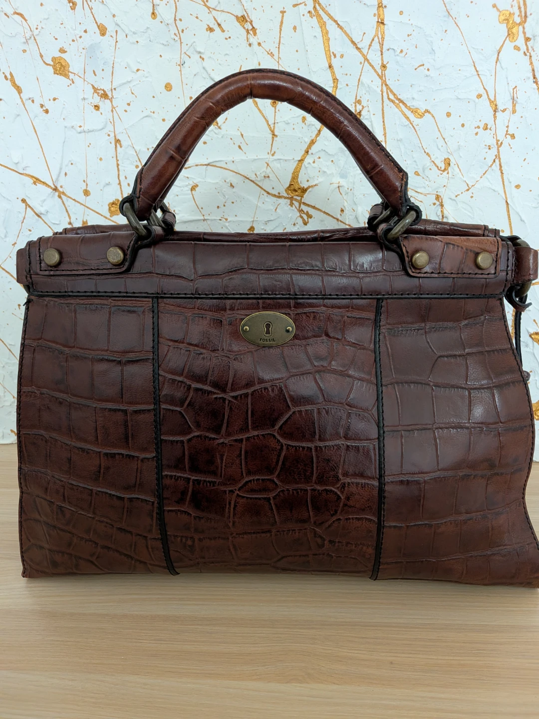 Fossil Brown Croc Embossed Leather Satchel Handbag