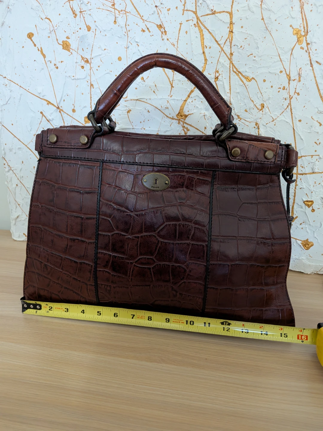 Fossil Brown Croc Embossed Leather Satchel Handbag - photo 2
