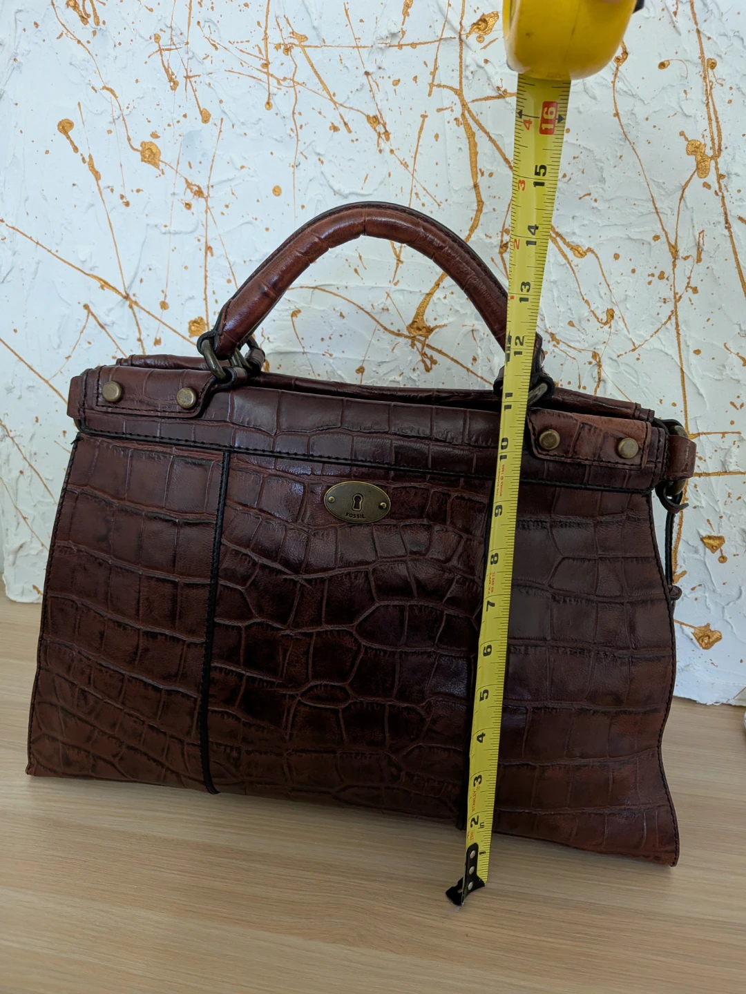 Fossil Brown Croc Embossed Leather Satchel Handbag - photo 3