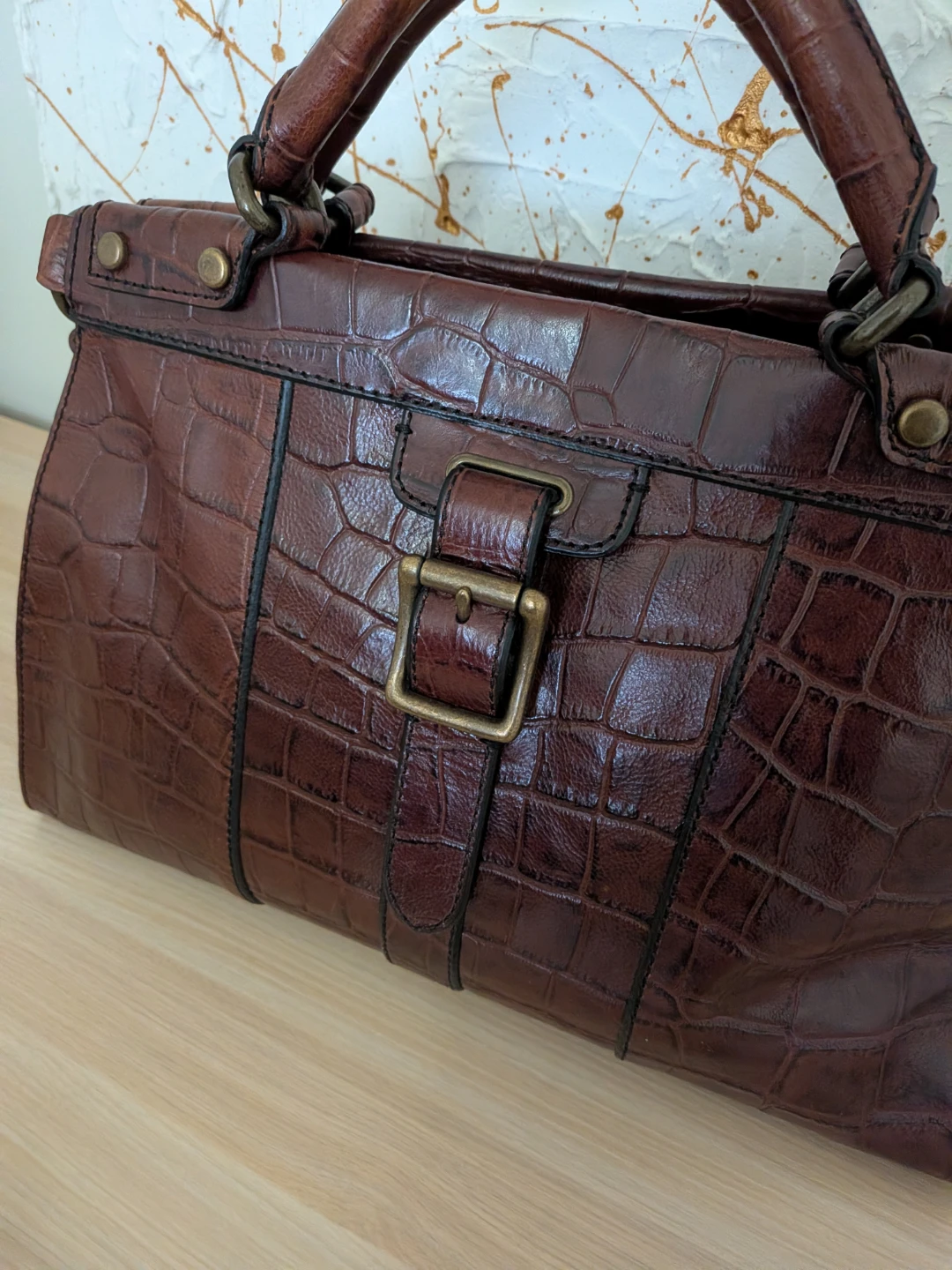 Fossil Brown Croc Embossed Leather Satchel Handbag - photo 4