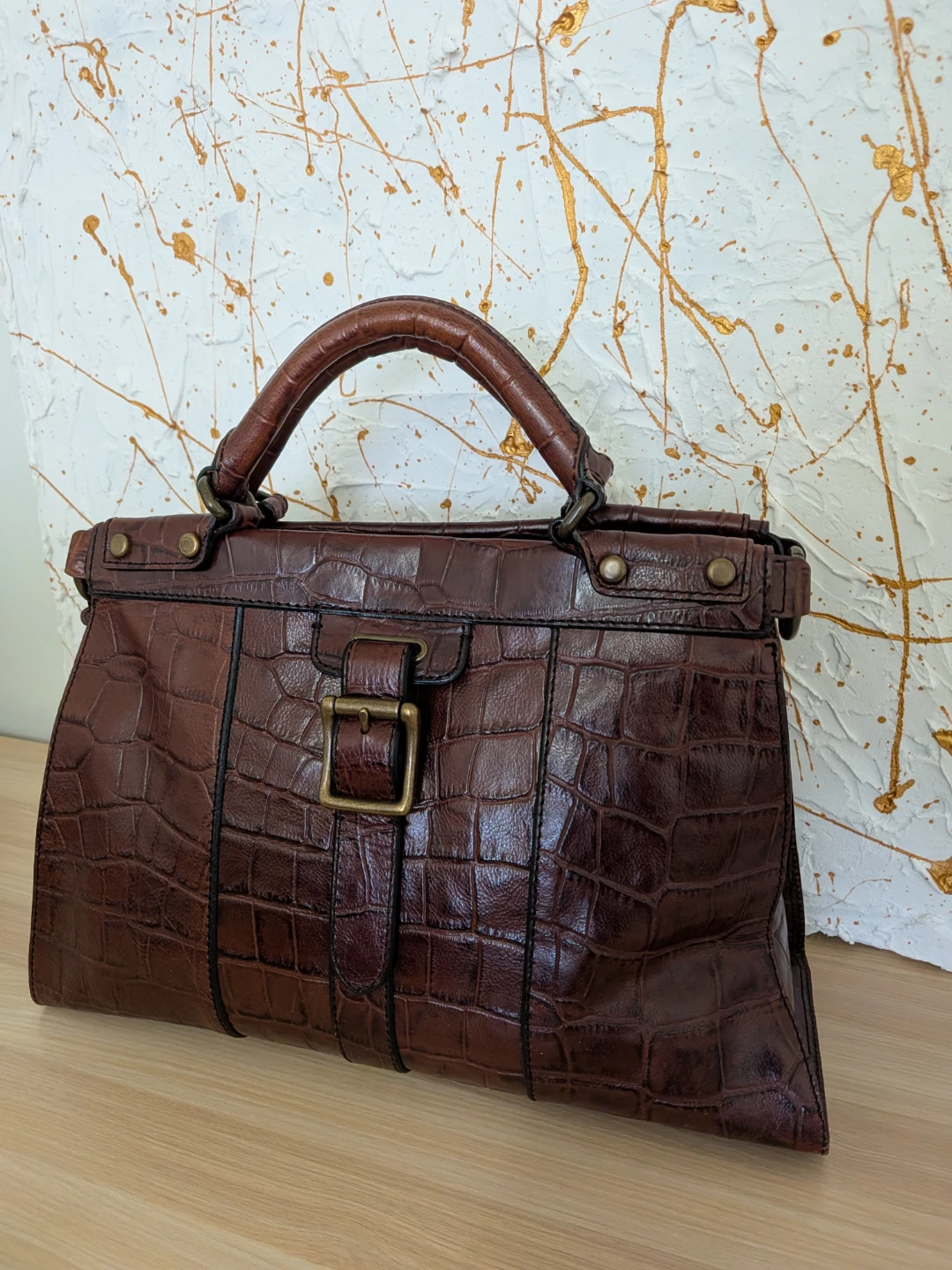 Fossil Brown Croc Embossed Leather Satchel Handbag - photo 5