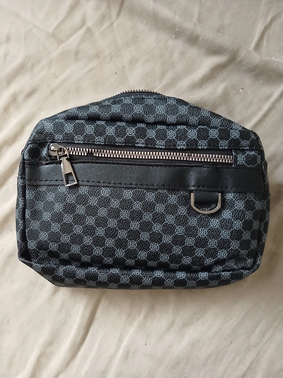 Black Crossbody Bag With Monogram Print & Adjustable Strap