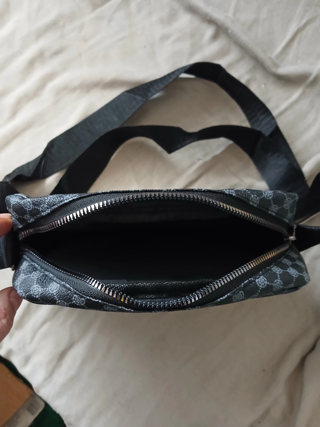 Black Crossbody Bag With Monogram Print & Adjustable Strap - photo 4