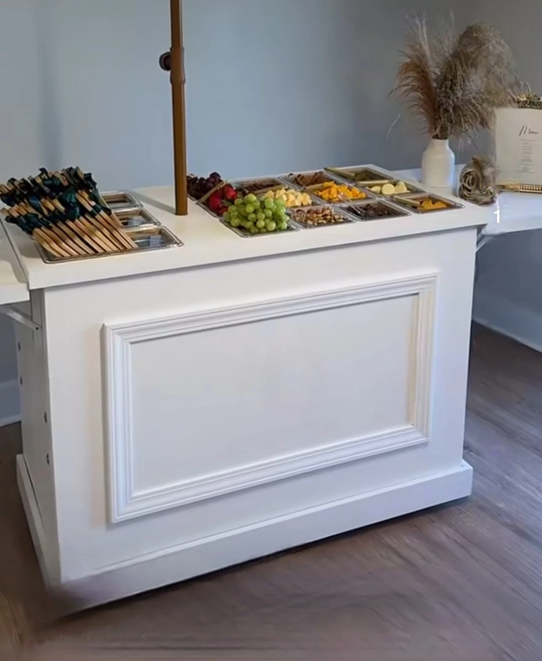 White Serving Bar with Built-in Food Trays and Utensil Holder
