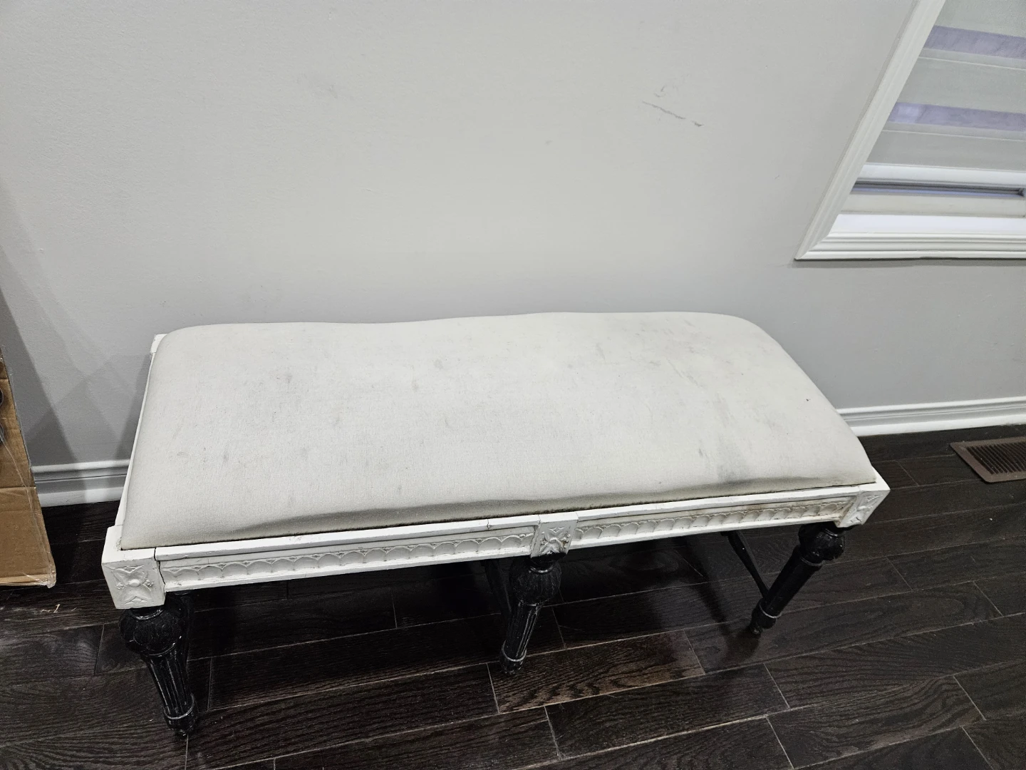 White Upholstered Bench with Black Legs