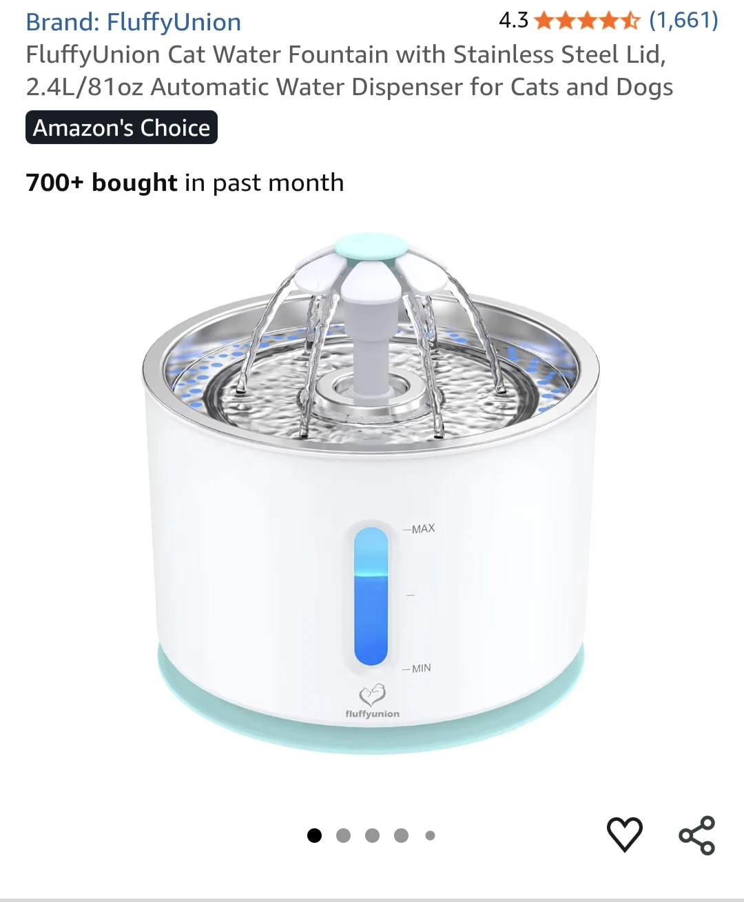 FluffyUnion Cat Water Fountain with Stainless Steel Lid