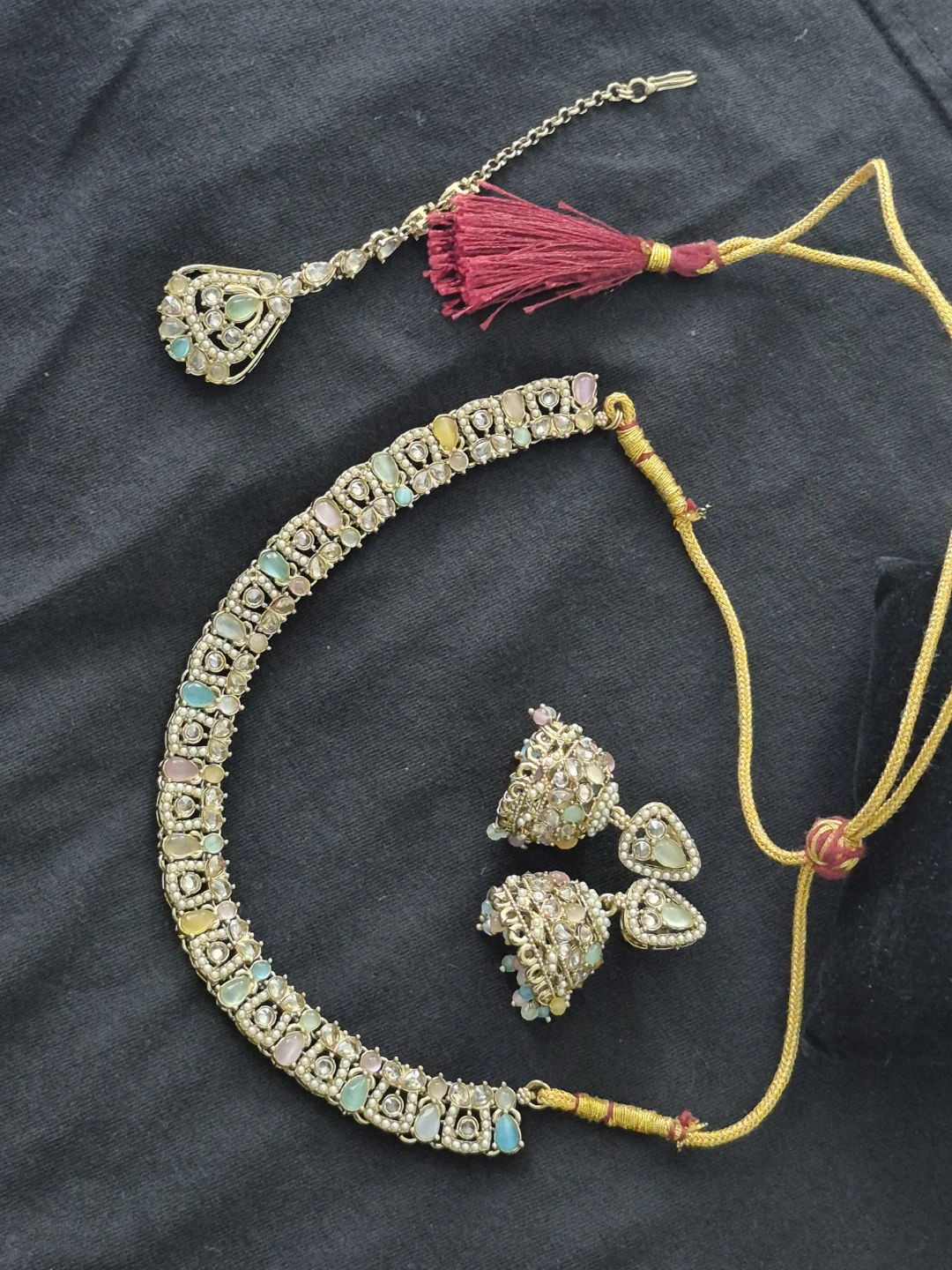 Multi-coloured Gemstone Necklace and Earrings Set with Tikka