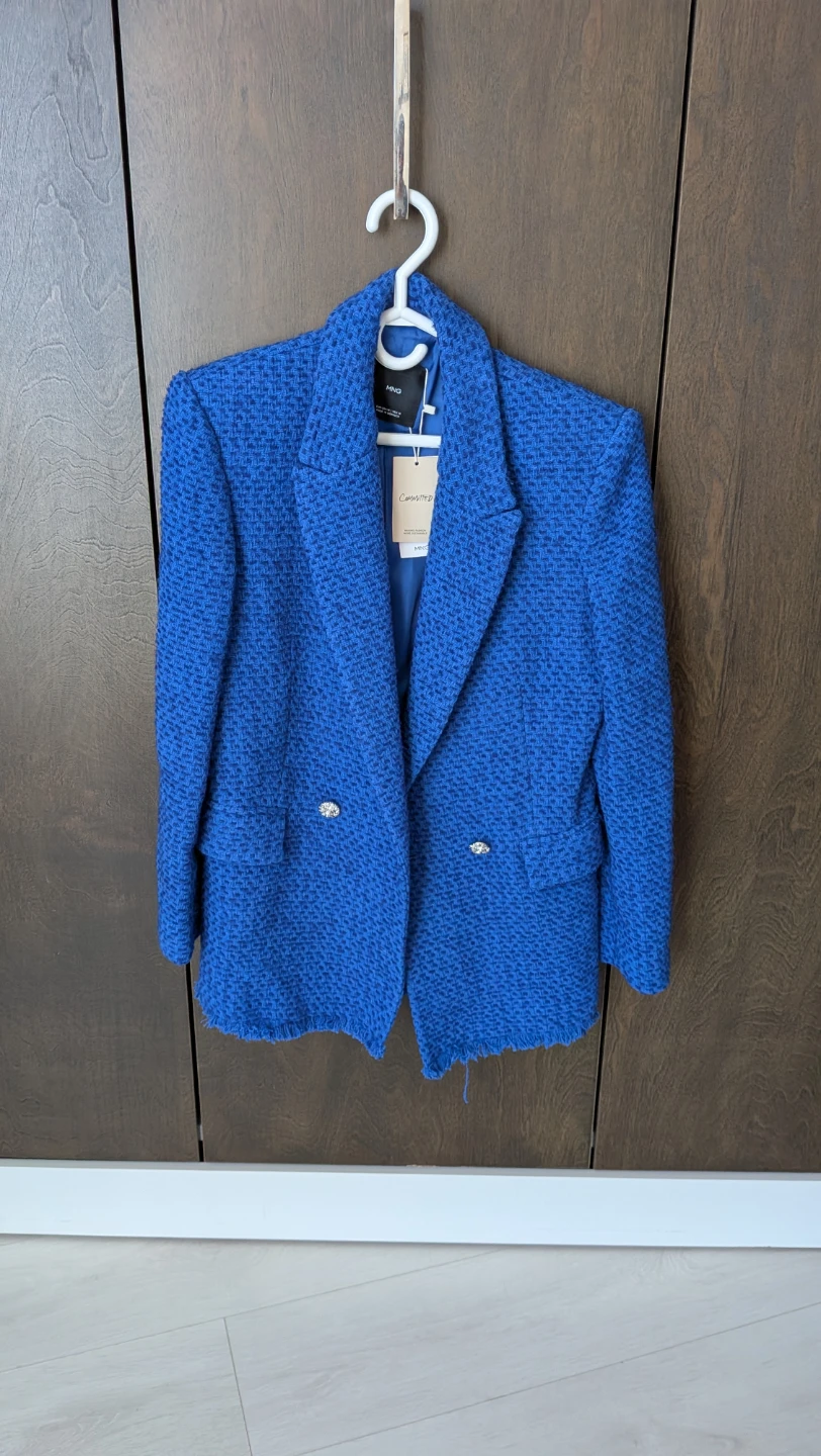 MNG Blue Textured Double-Breasted Blazer - Size M