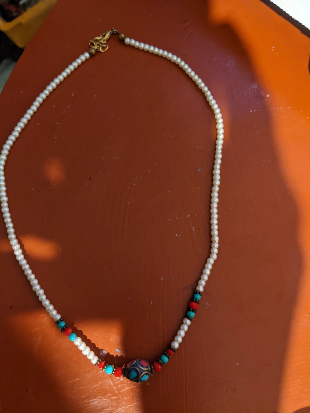 Pearl Necklace with Turquoise and Red Beads