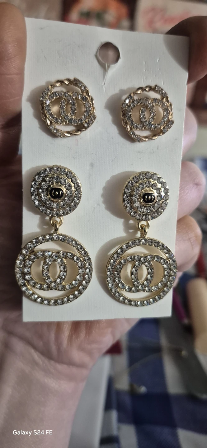 CC Logo Earrings Set - Gold Tone Rhinestone Dangle & Studs