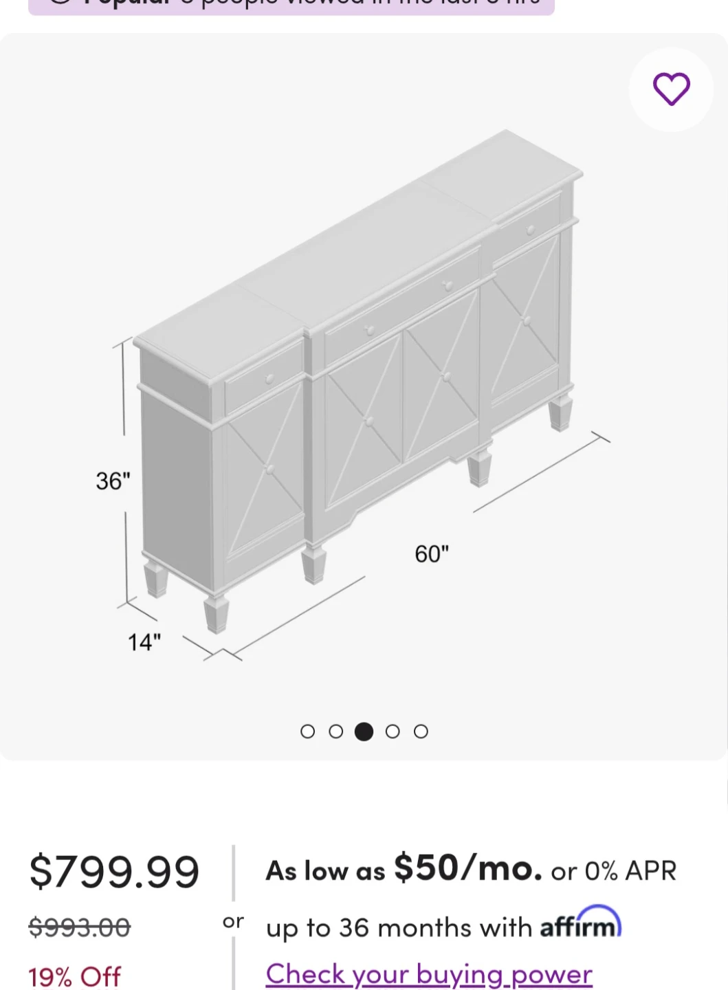 Mirrored Sideboard Buffet Console Table - 60" W x 36" H x 14" D - photo 3