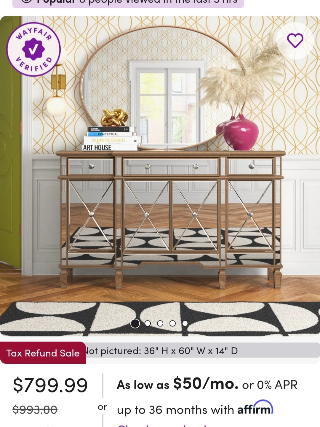 Mirrored Sideboard Buffet Console Table - 60" W x 36" H x 14" D - photo 4