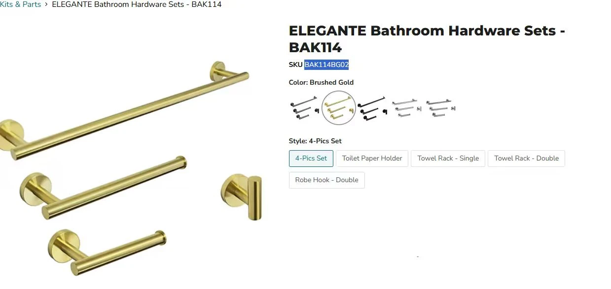 ELEGANTE 4-Piece Bathroom Hardware Set - Brushed Gold