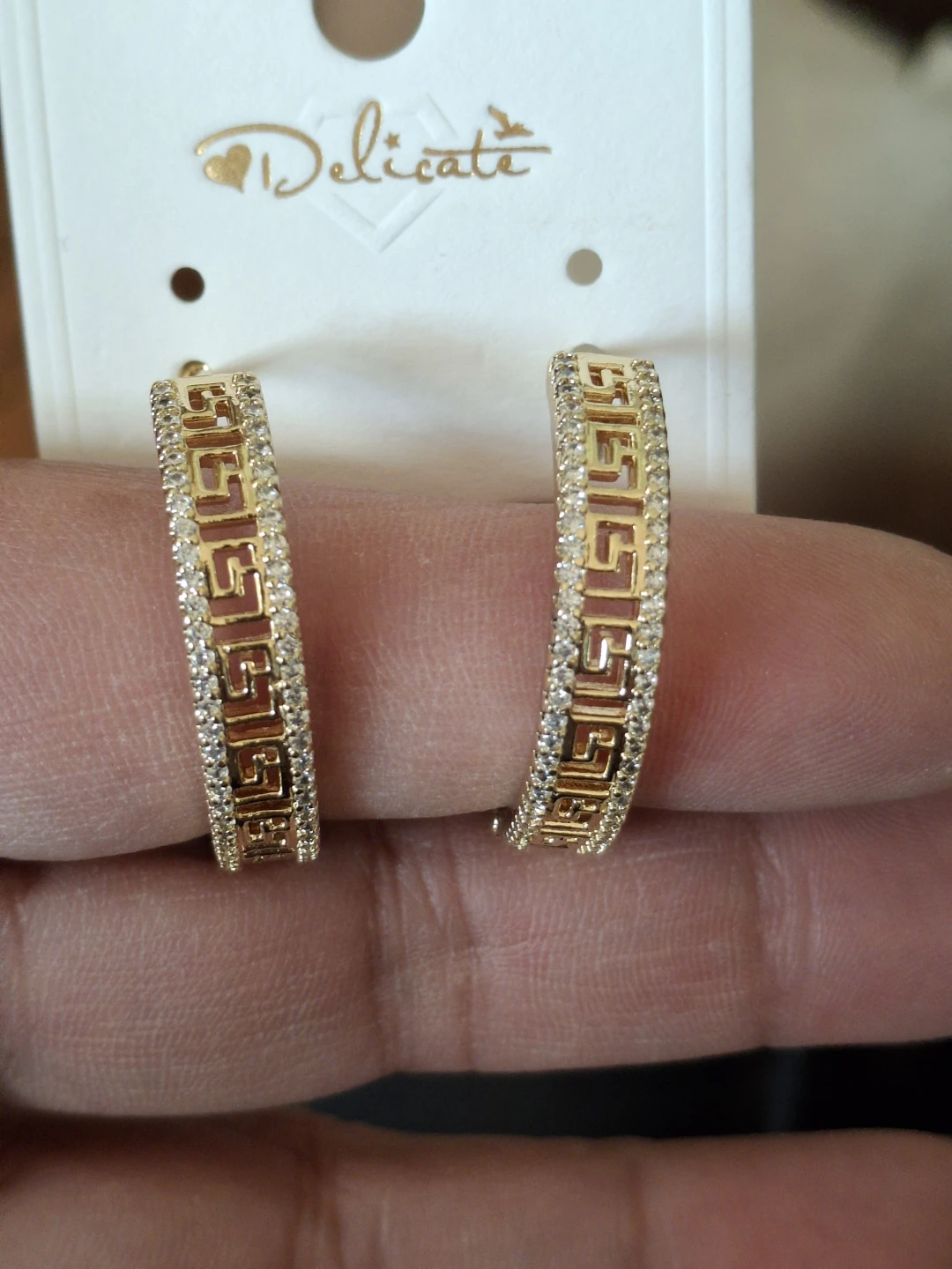 Gold Tone Hoop Earrings with Greek Key Design and Rhinestones