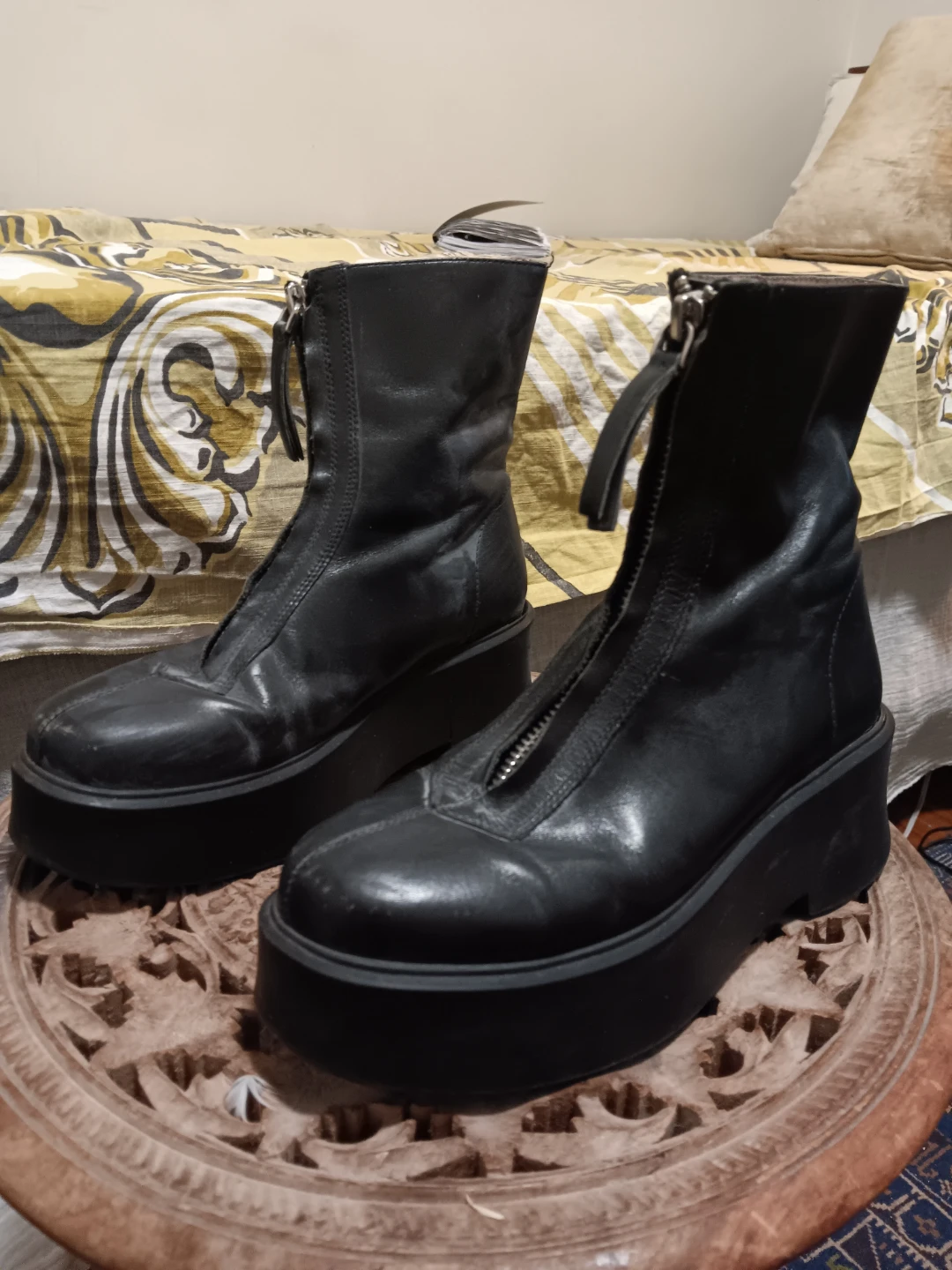 Black Leather Platform Boots with Front Zippers - photo 3