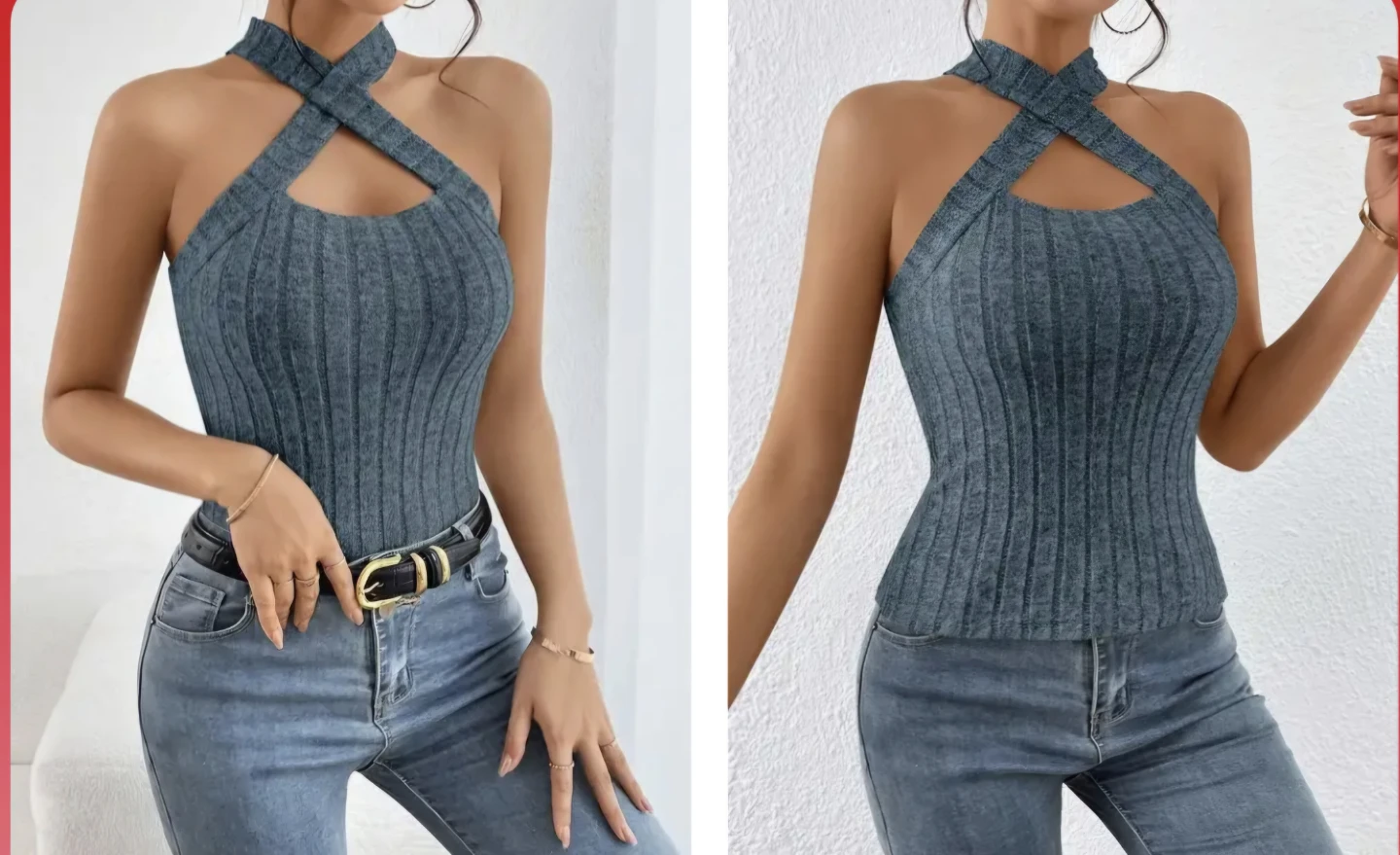 Women's Ribbed Halter Neck Top - Blue - photo 2