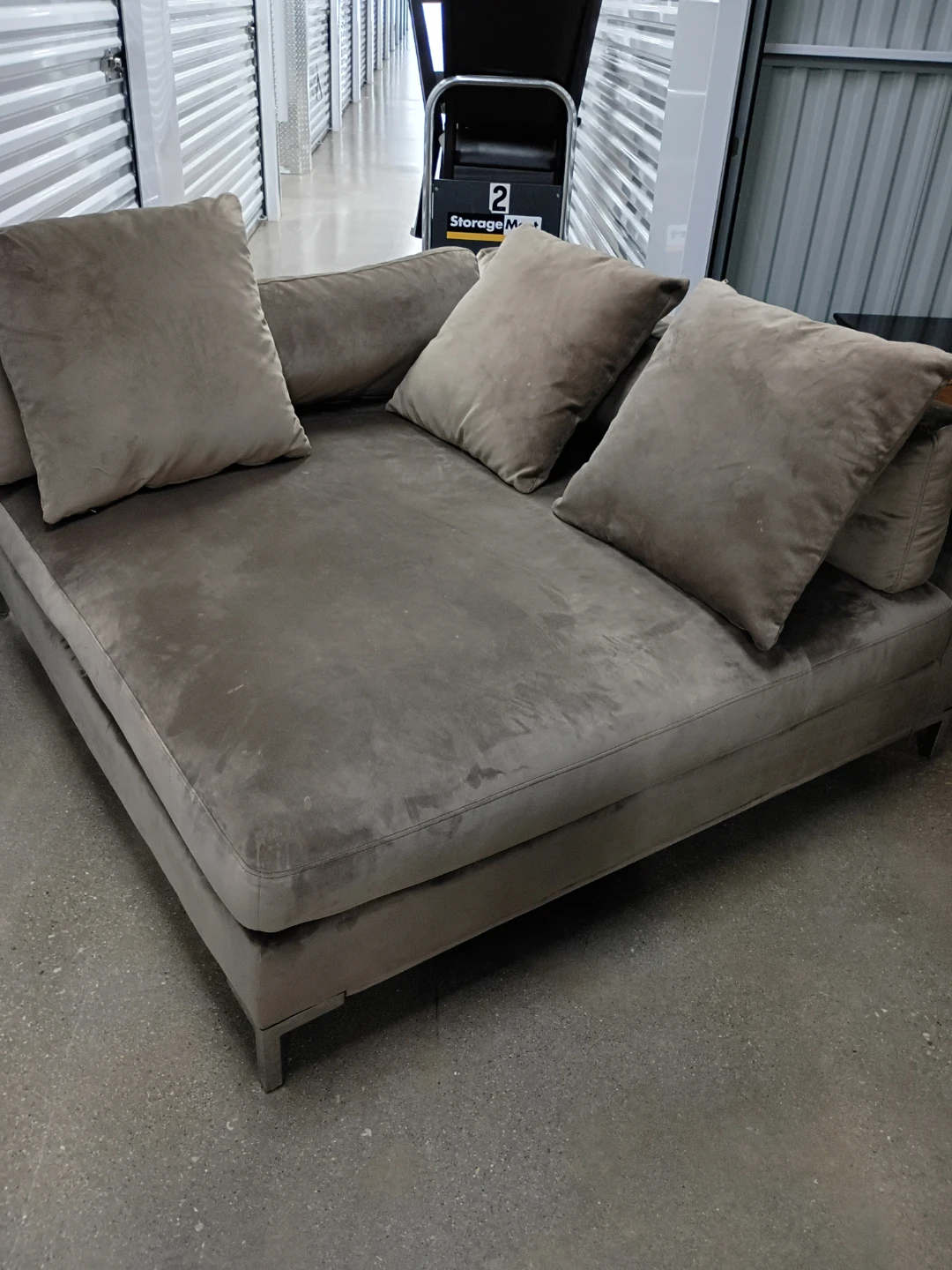 Taupe Suede Chaise Lounge with Pillows $275
