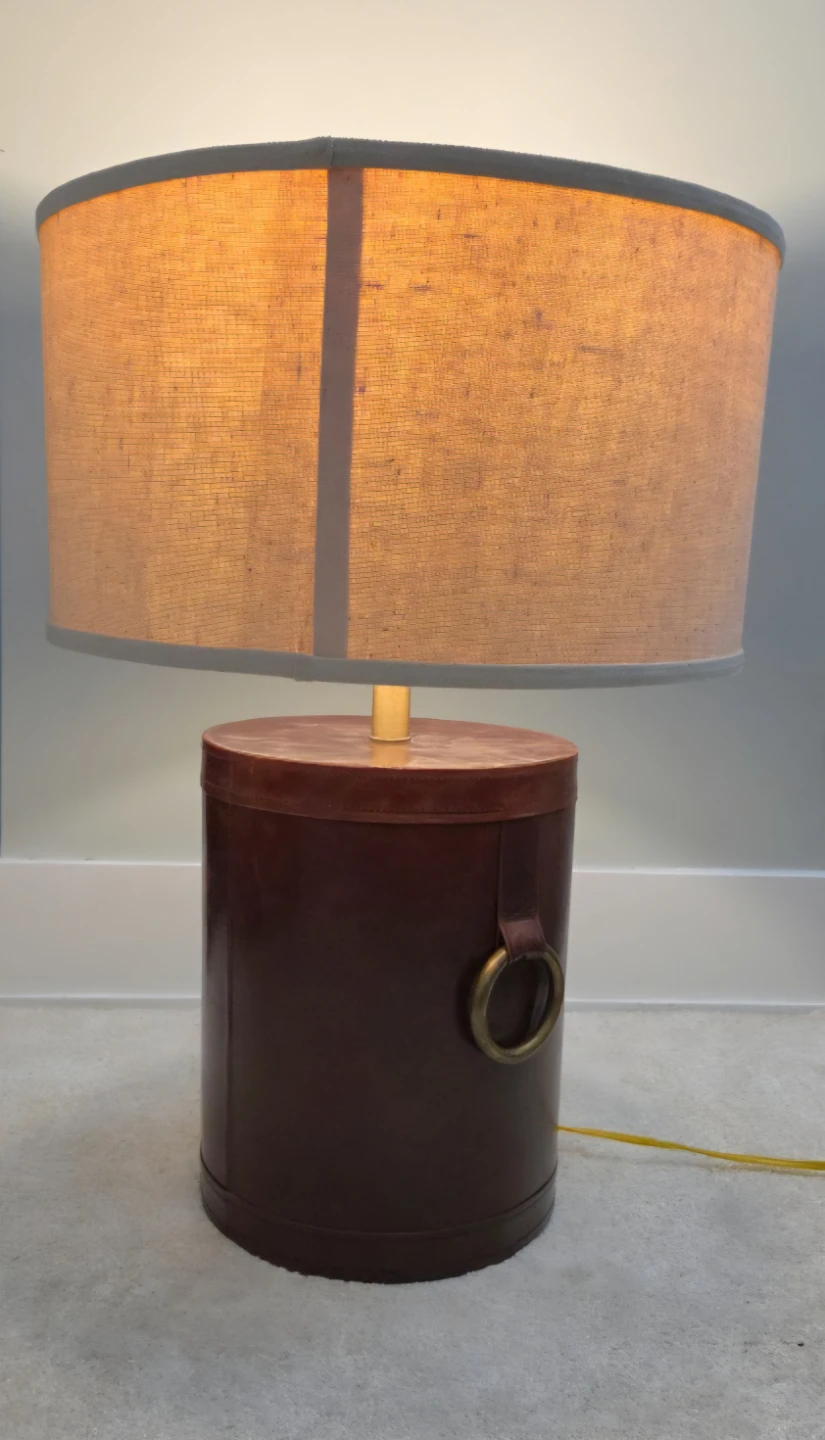 Brown Leather Drum Lamp with Linen Shade