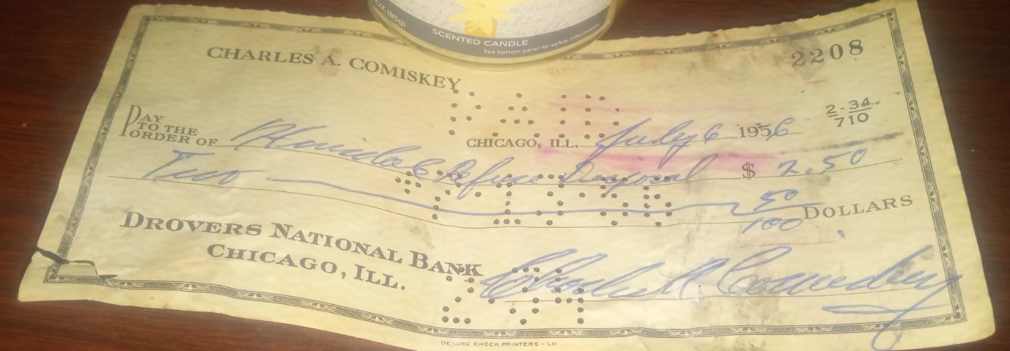 Charles A. Comiskey signed check July 6 1956