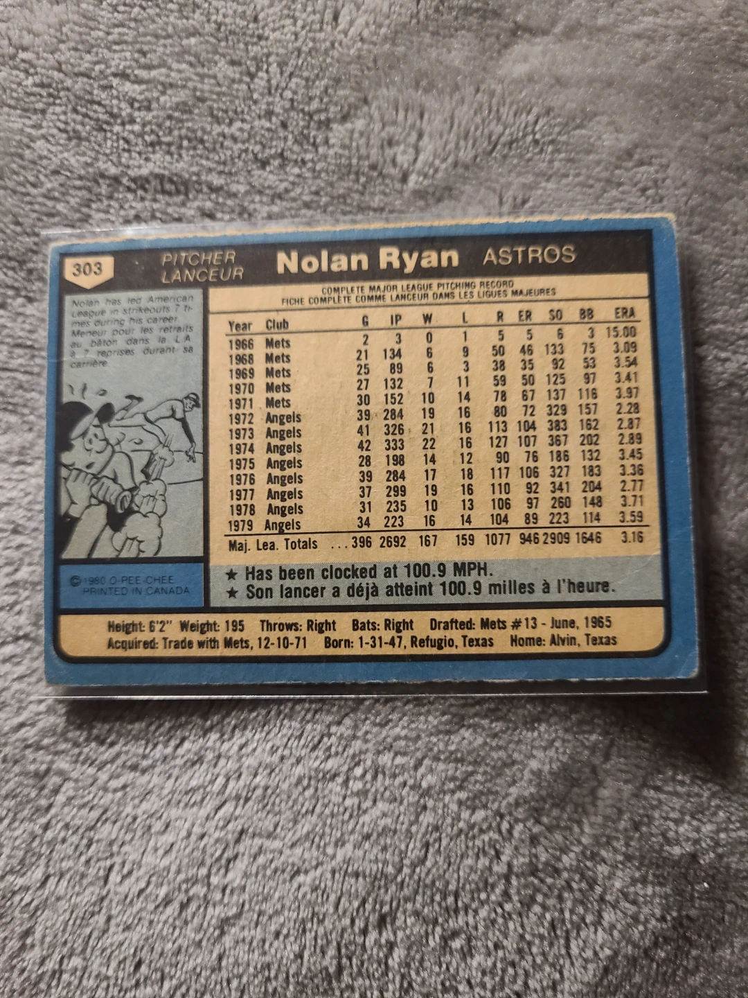 1980 op chee  Nolan Ryan Astros Baseball Card - photo 2