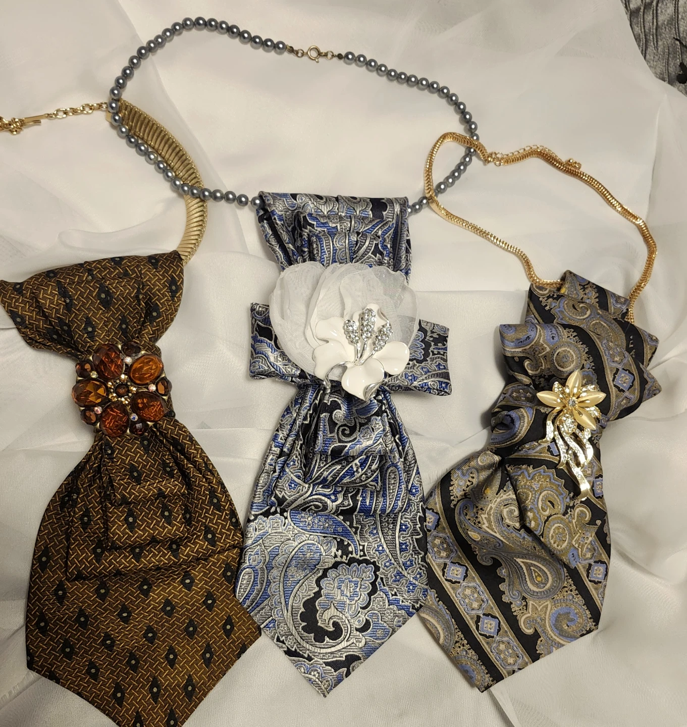 Handmade necktie/ brooch necklace