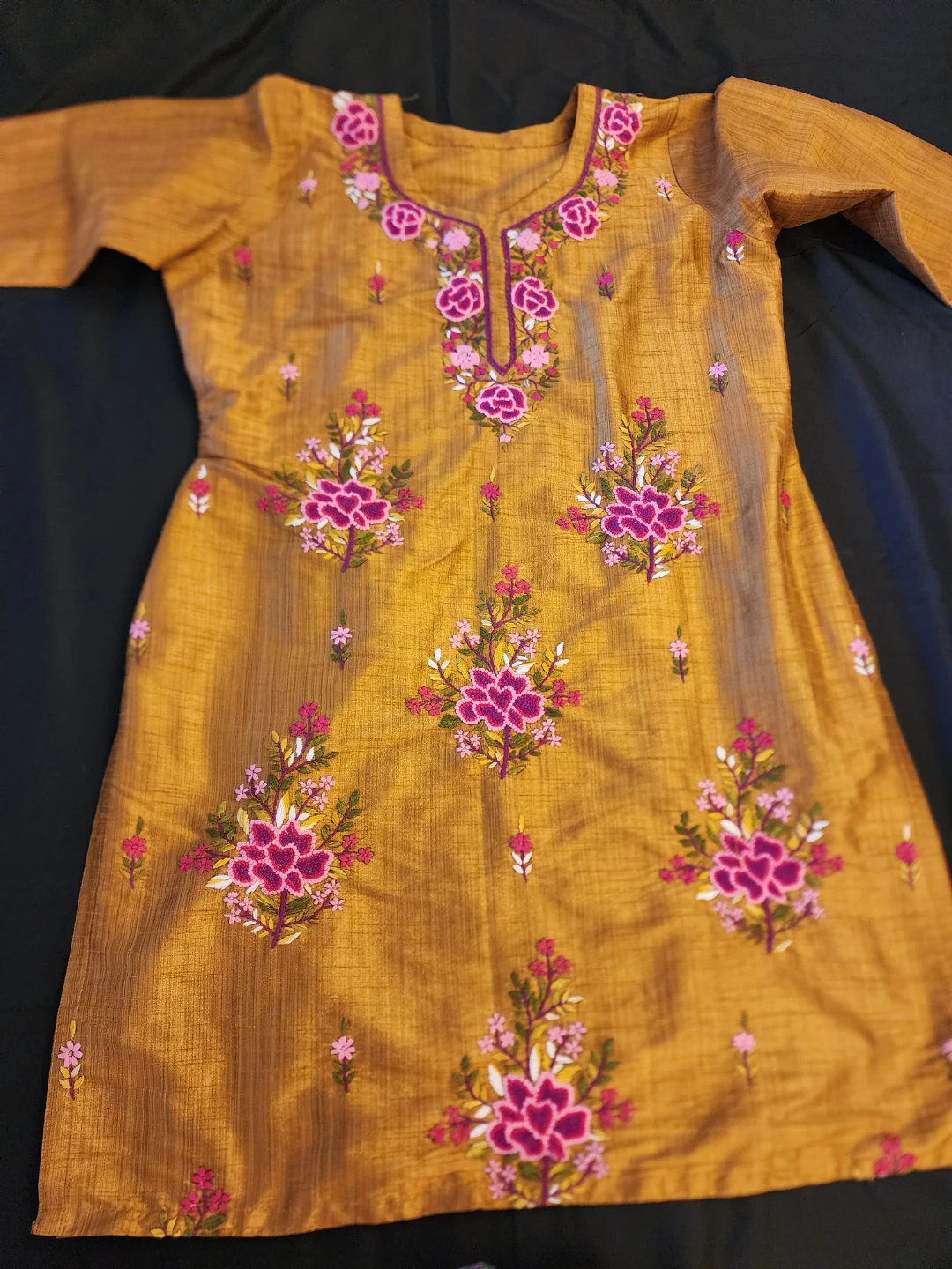 Embroidered Kurti with Pants and Dupatta - Mustard Yellow