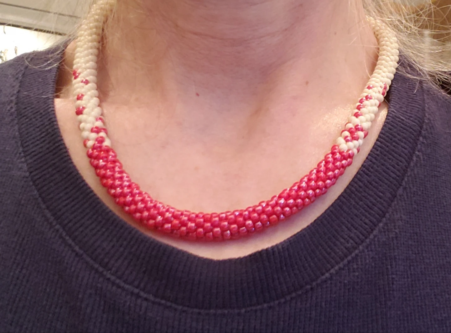 One of a Kind Beaded Necklace - Matte Cream and Iridescent Pink - photo 2