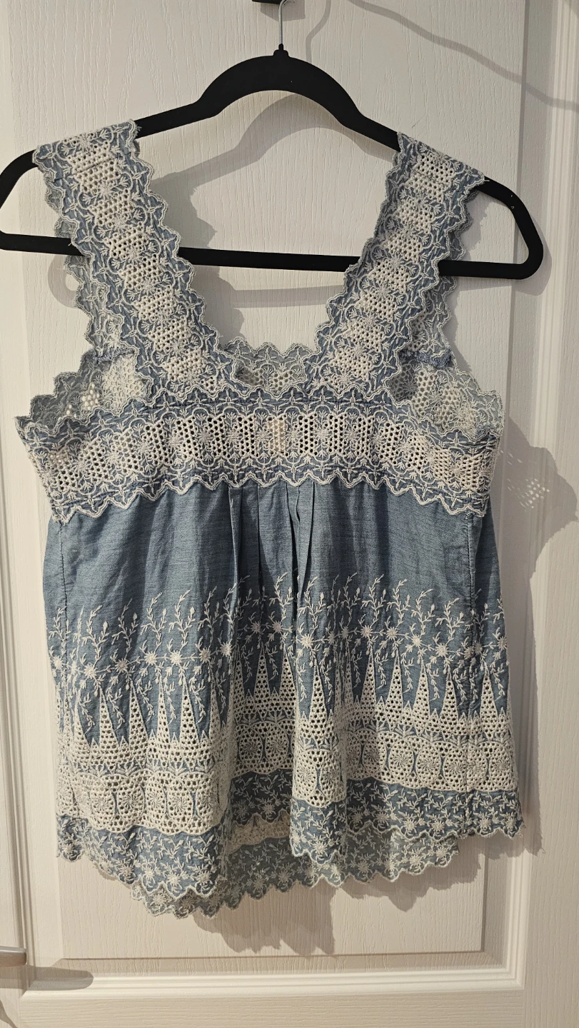 Blue Embroidered Lace Trim Tank Top - photo 3