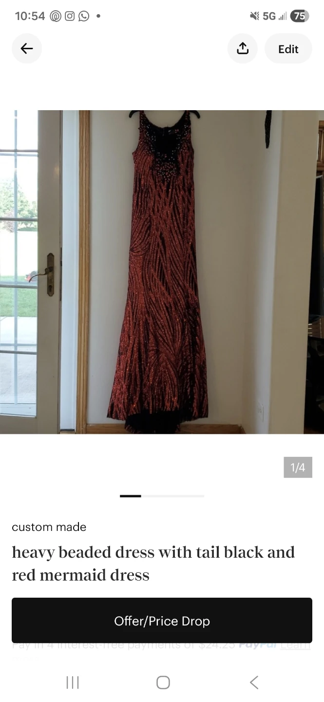 Custom Made Heavy Beaded Black and Red Mermaid Dress