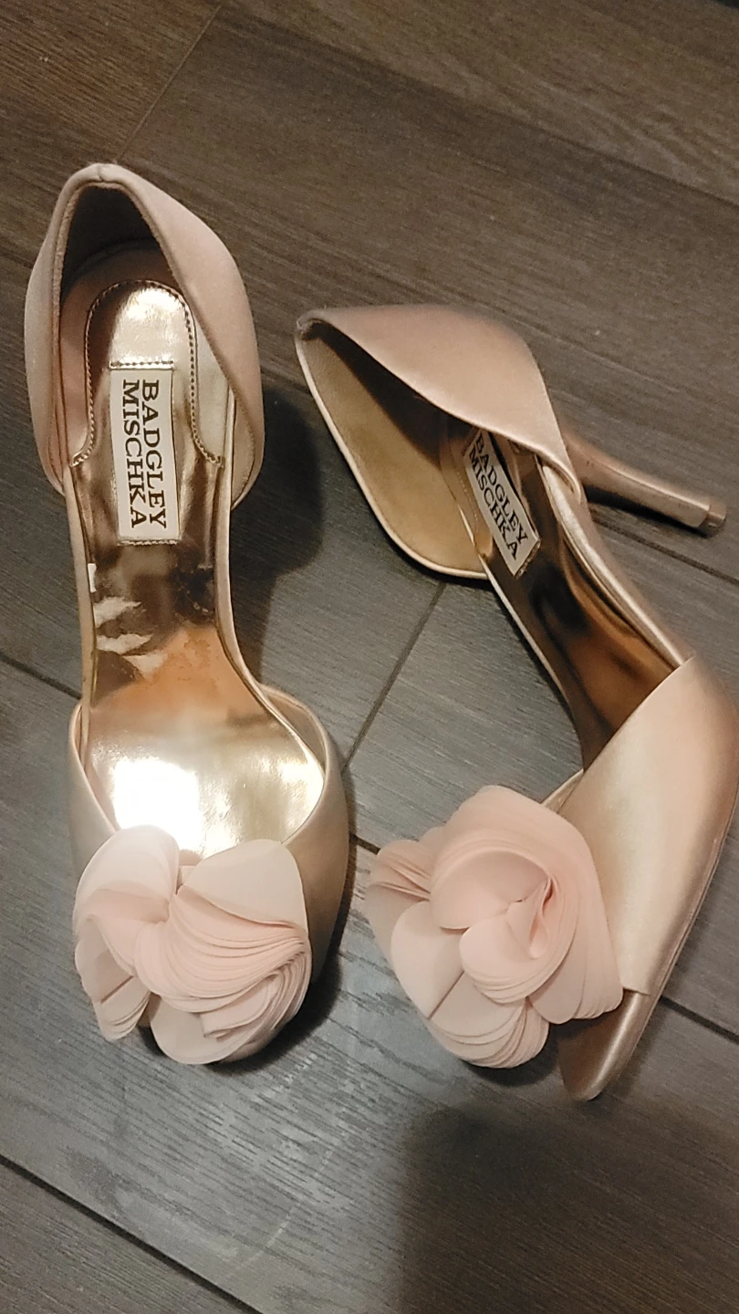 Badgley Mischka Satin Heels with Flower Detail