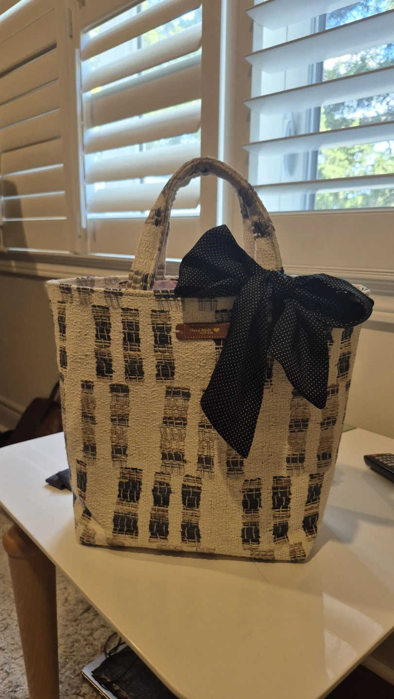 Handmade Tote Bag with Black Polka Dot Bow
